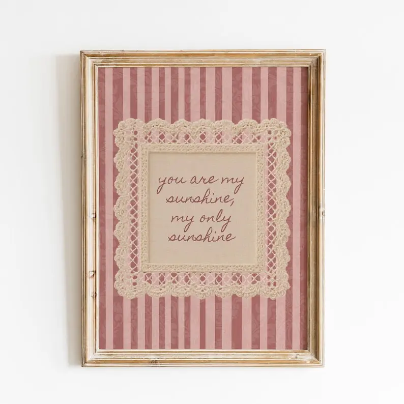 Vintage Sunshine Quote Wall Art, Shabby Chic Nursery Love Print, Pink Striped Decor, Rustic Farmhouse Poster, You Are My Sunshine Art (Unframed)