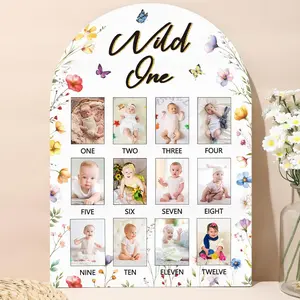 First Year Photo Board Wild Flower Birthday Party Decorations Wooden Board 12 Monthly Milestone Picture Frame Flower 1st Birthday Banner for Baby Girl Keepsake Gift Supply (Fit 2x2.8in Pic)