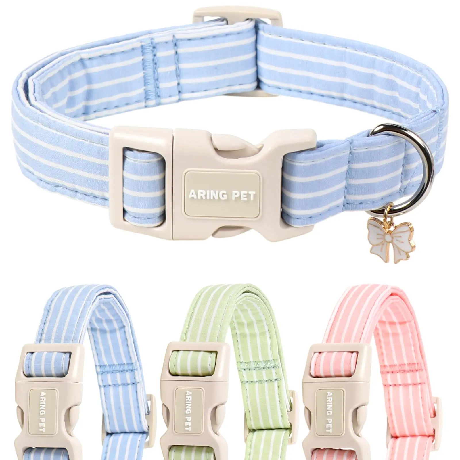 ARING PET Striped Dog Collar, Spring Summer Collar with Bow Charms - Adjustable Puppy Accessory for Small to Large Male Female Dog Breeds