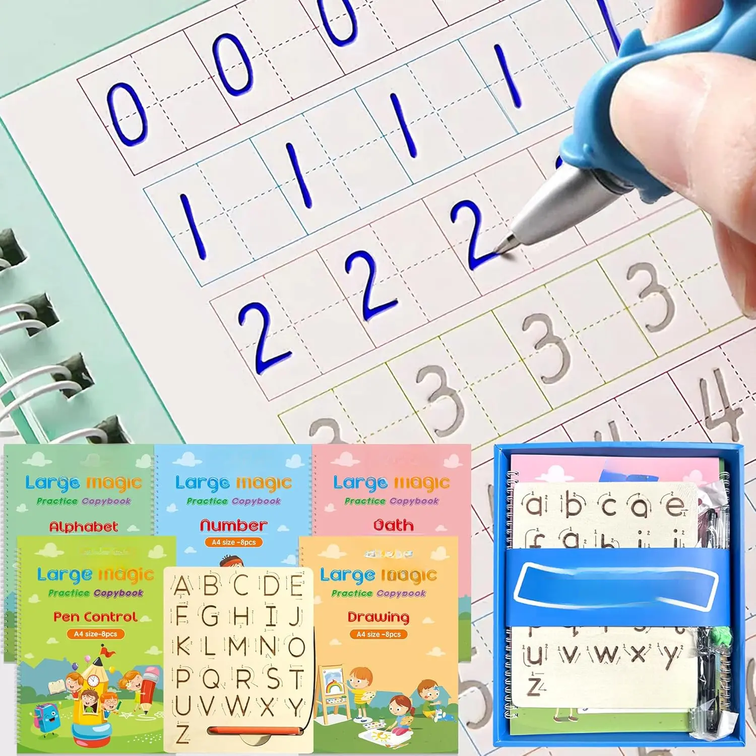 Large Handwriting Magic Grooved Practice Copybook Set: 5-Pack with Wooden Alphabet Tracing Board,  Letter Learning Kit for   3-8, Ideal for  and  Calligraphy Control