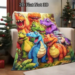 Soft Funny Throw Blanket 2D Cartoon Dinosaur Pattern Plush Blanket Warm Throw Christmas Gifts Air-conditioned Room Warm Nap Home Office Cozy Flannel Fabric