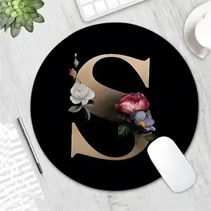 Black-Gold Floral Letter S Round Gaming Mouse Pad, Light Luxury Desktop Decoration Protection Pad, Non-Slip Rubber Lock Edge Small Size Pad, Desktop Accessory, Suitable For Laptops And Desktops, Ideal Light Luxury Custom Gift For Family And Friends