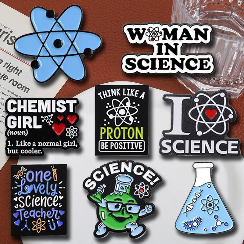 8pcs Black geometric English letter baking paint brooch, fun biochemistry discipline badge, clothing accessories slogan enamel pin