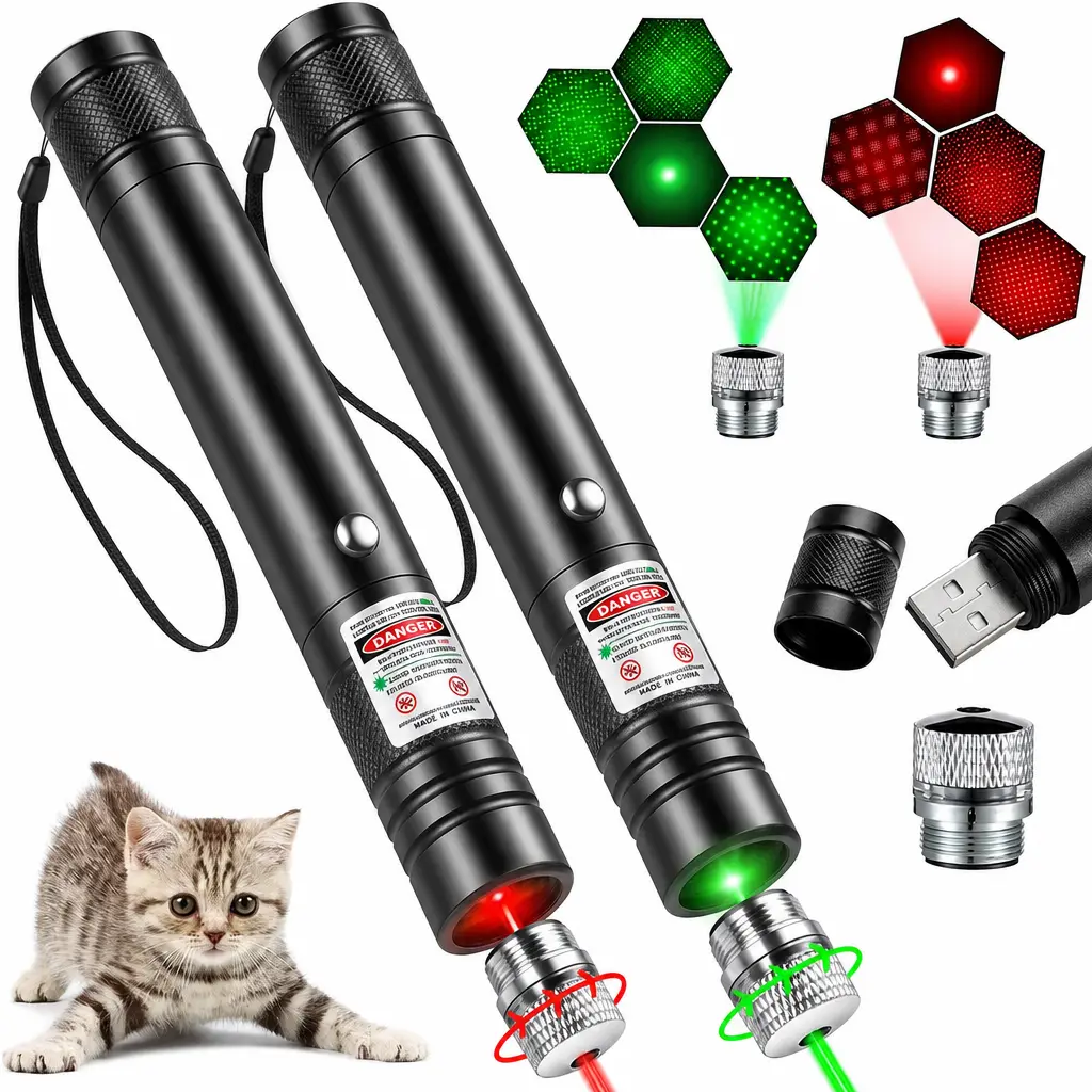 Interactive Laser Pointer Cat Teaser Toy, USB-Rechargeable with Aluminum Alloy Body, 2-Mode Red & Green Chase Dot Flashlight, Star Pattern & Endless Play for Indoor Kittens