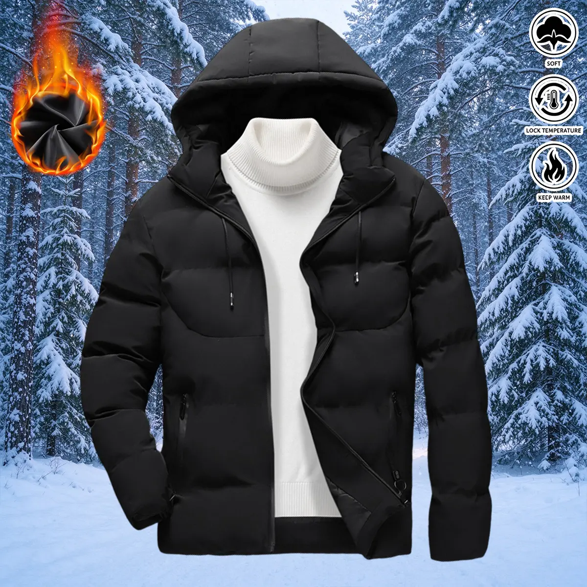 JOGWAVE men’s autumn/winter solid-color hooded jacket, lightweight casual zip-up insulated jacket with stitched detailing, warm and comfortable, fashionable casual apparel.Zippered pockets, suitable for daily commuting, hiking, camping, fishing, and outdo