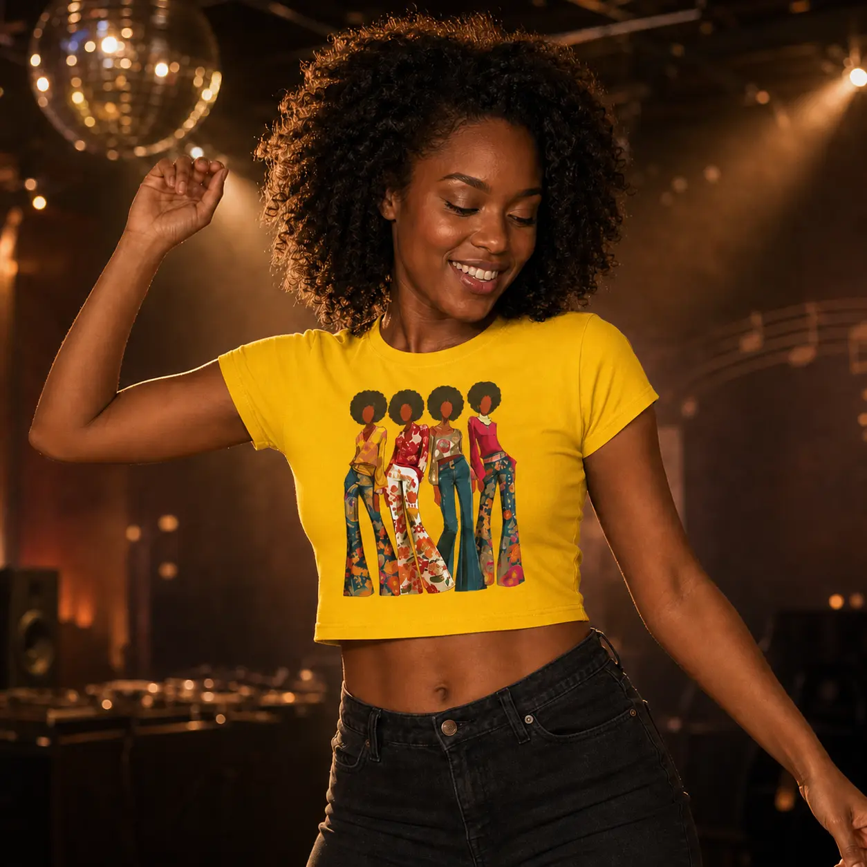 Women's Retro 70s Graphic Short-Sleeve Slim-Fit Cropped Top - Soft Fabric Polyester Blend Casual Mini Crop Tee (Do Not Bleach, Elastane)