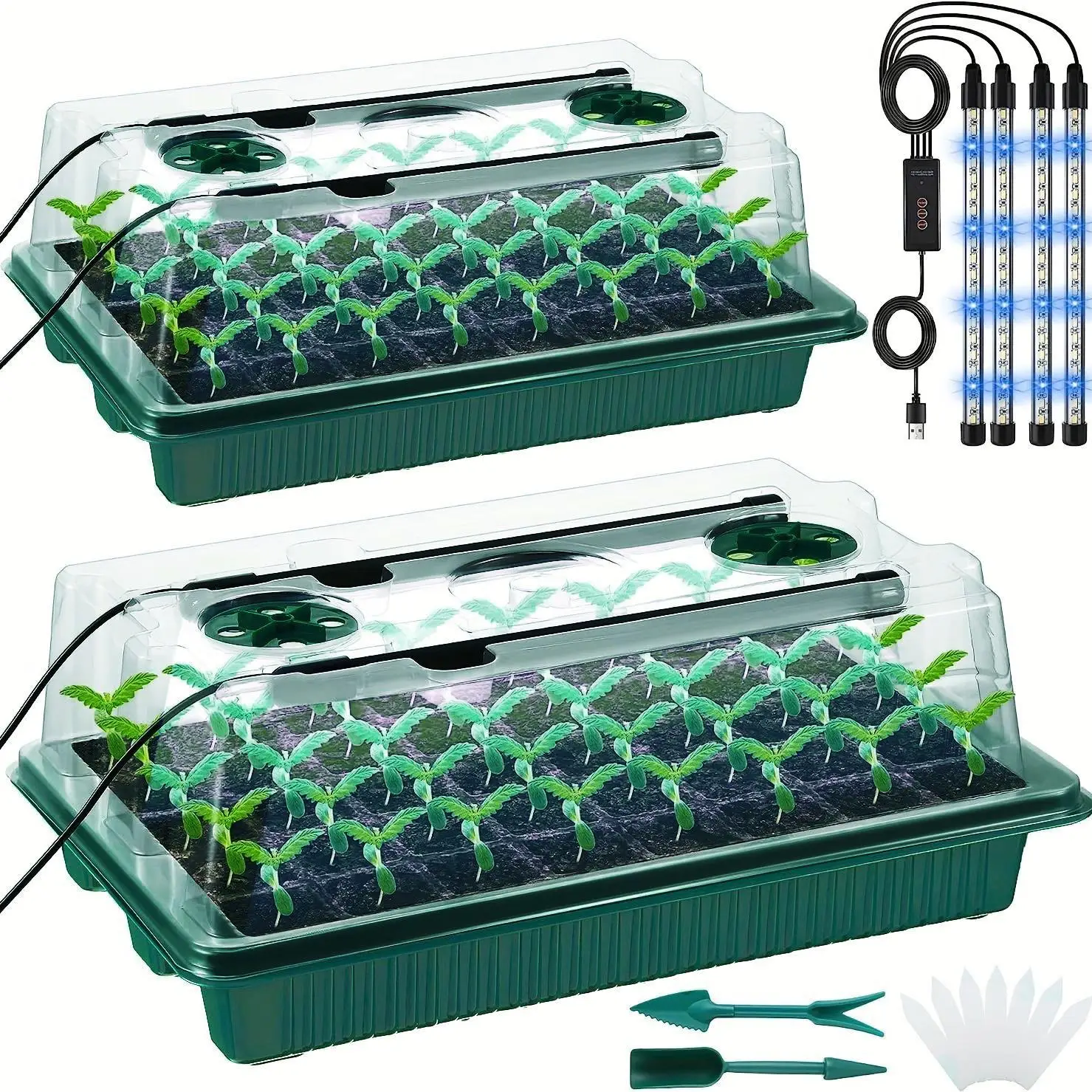 Seed Germination Tray Set, 2 Counts Seed Starter Tray Kit with Grow Lights, Durable Growing Tray with Led Light for Greenhouse & Gardens, Gift, Garden