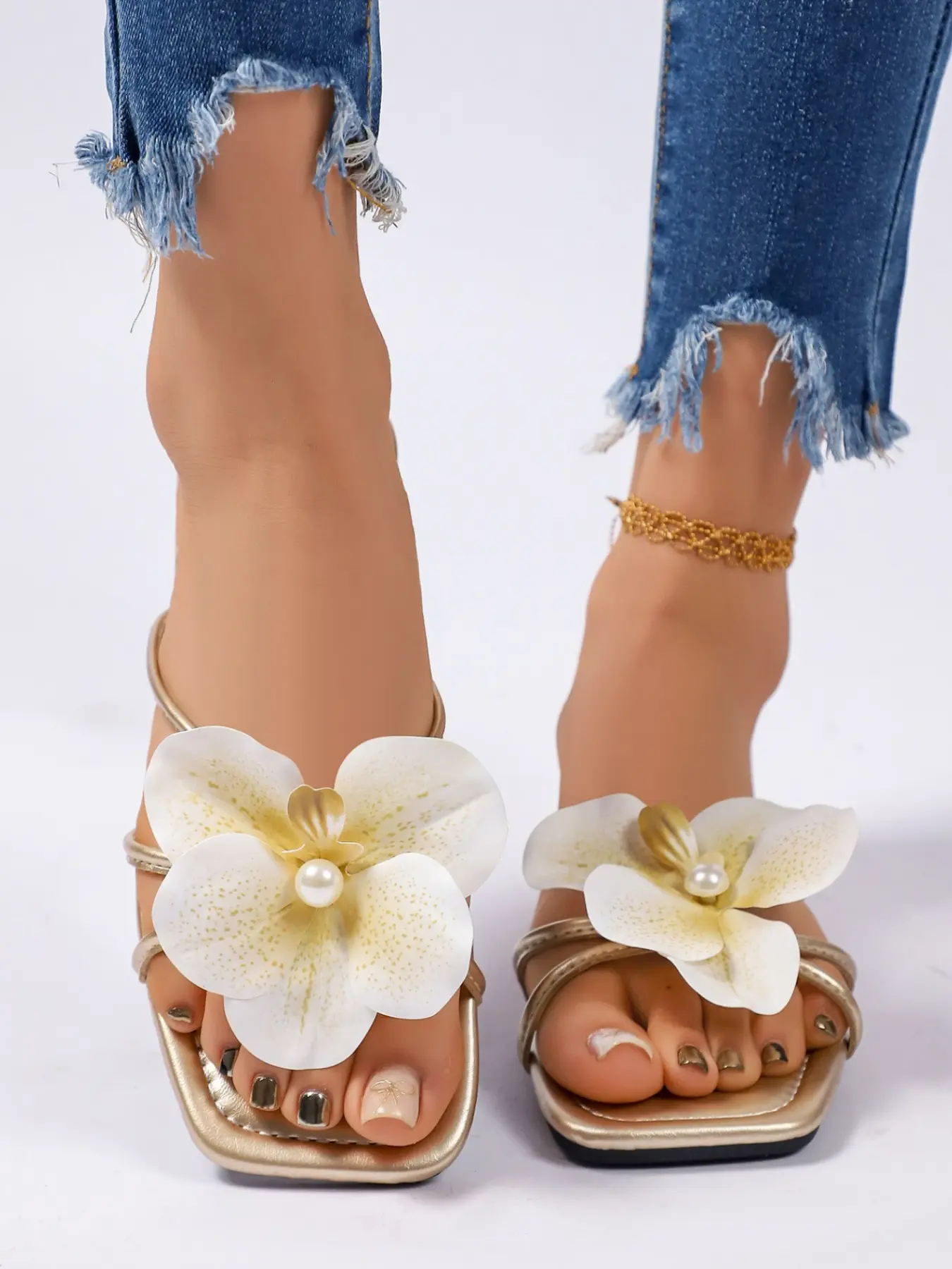 Women's Soft Style Gold Square Toe Flower Slide Sandals | Pearl Orchid Decor Slip-On Cross Strap Flip Flops Versatile Beach & Vacation Shoes