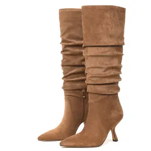 Knee High Boots for Women Pointed Toe Kitten High Heel Wide Calf Slouchy Side Zipper Fashion Party Date Dress Trendy Tall Boots