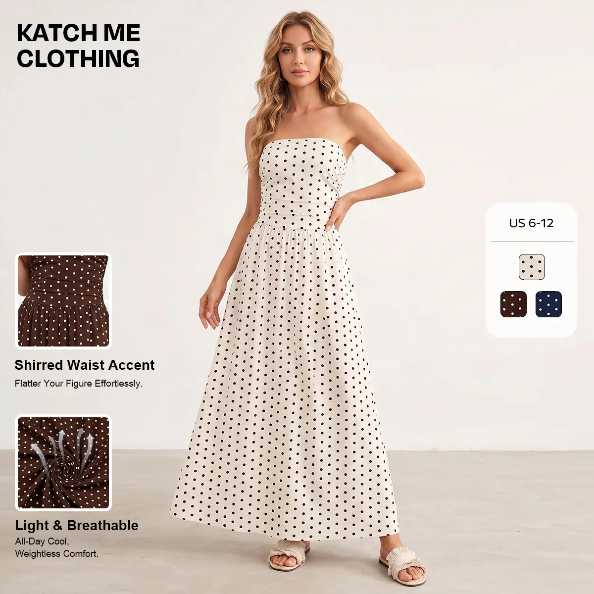KATCH ME Women's Sweet Polka Dot Tube Maxi Dress, Sleeveless Backless Design with Cinched Waist, Pleated Summer Resort Wear for Going Out, Simple, Piece, Polka Dot Dress, Dress Casual