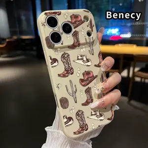 Straight Edge Phone Case for iPhone 17 Pro Max 17 Air  Western Cowboy Elements Pattern Shockproof Liquid Silicone TPU Bumper Drop Protection Cover Smartphone Casing