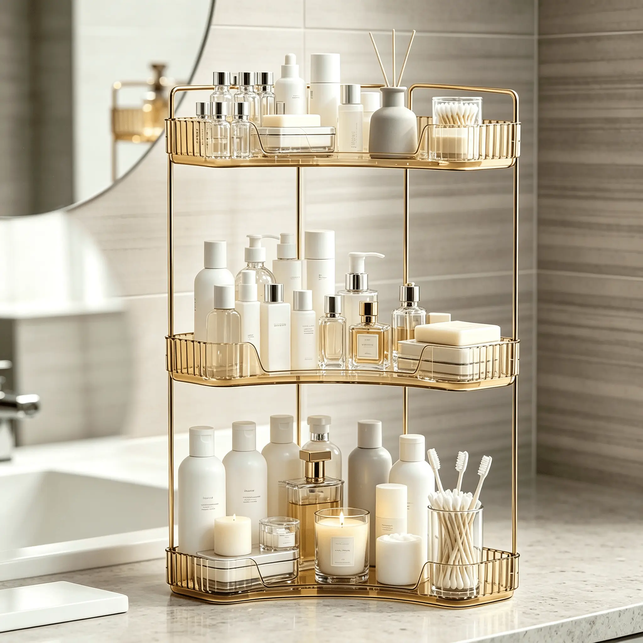 Gold 2/3-Tier Ribbed Tray Metal Frame Corner Countertop Organizer with Raised Guards, Luxurious Look, Space-Saving for Bathroom Vanity, Renter-Friendly Small Apartment Essential, 80% Counter Space Savings, TikTok Viral Summer BTS Dorm Deal
