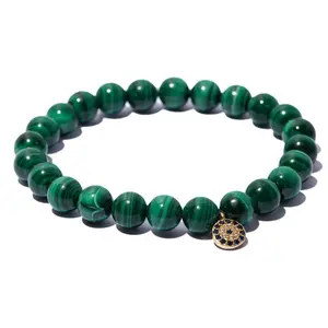 LA LUNA LOS ANGELES Malachite 8mm Bead Bracelet with Gold Plated over Sterling Silver Evil Eye Charm