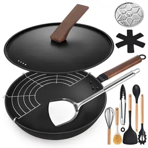 13'' Carbon Steel Wok, 12 Piece Wok Pan & Stir-Fry Pans Set with Lid & Cookwares, No Chemical Coated Flat Bottom Chinese Wok Pan for Induction, Electric, Gas, Halogen, All Stoves