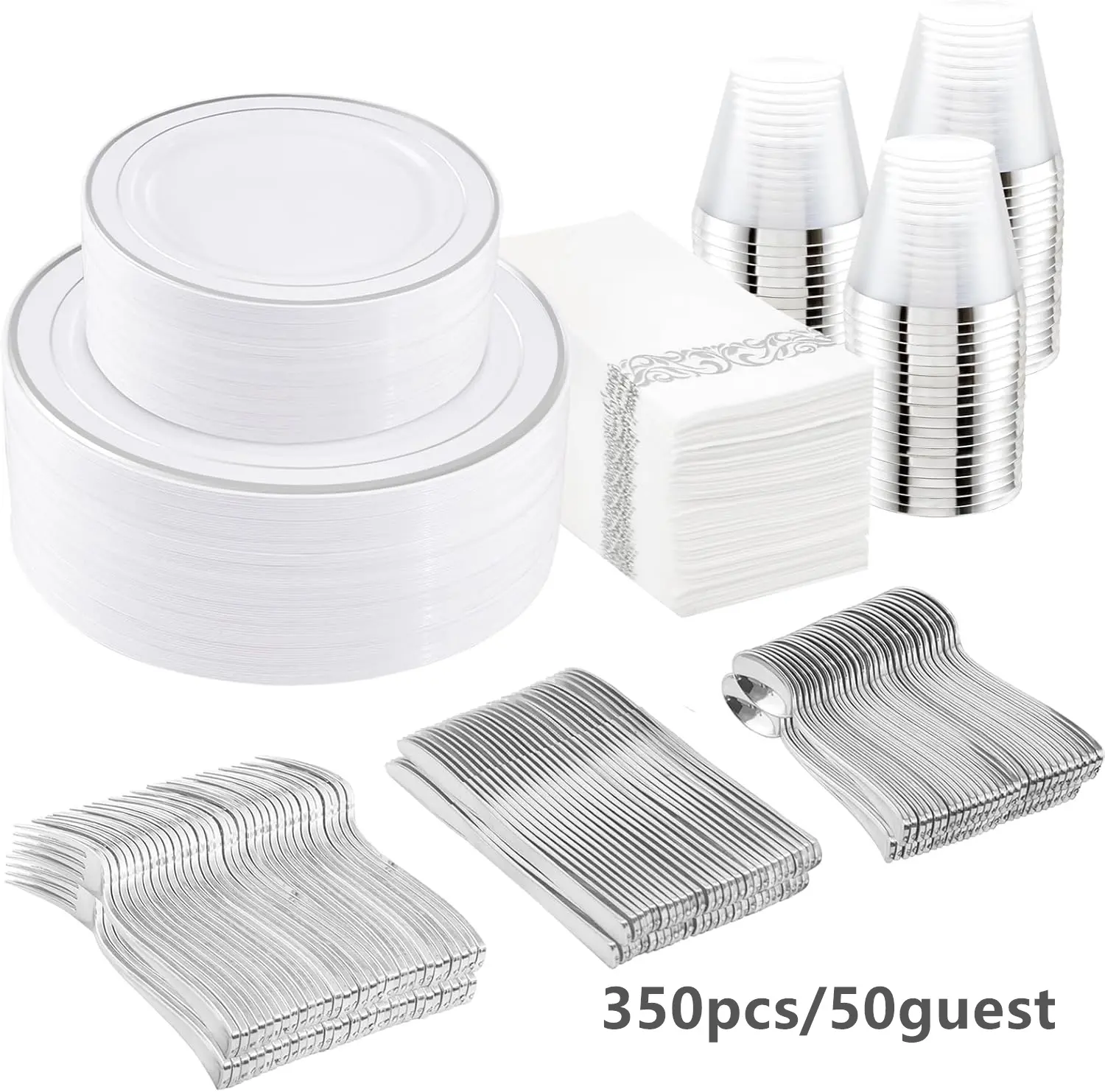 I00000 350Pcs Silver Plastic Dinnerware Set, Plastic Plates Disposable for 50 Guests Include: 100 Silver Rim Plates, 50 Paper Napkins, 50 Cups, 50 Plastic Silverware Set Perfect for Party & Wedding