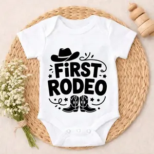 Baby Boy Clothes White Short Sleeve Bodysuit First Rodeo Cowboy Hat And Boots Print Newborn Baby Outfit Cute Western Theme Design For Infants