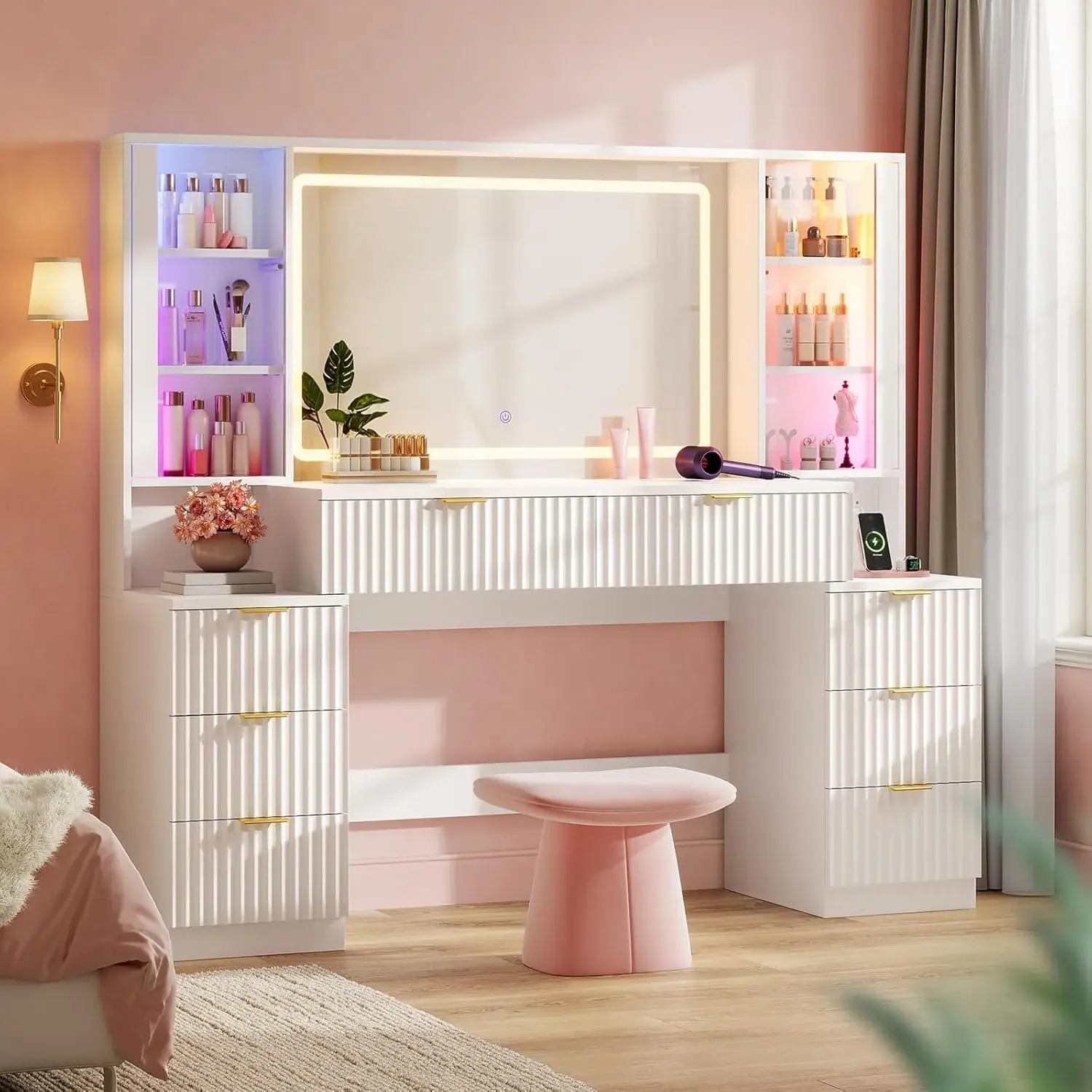 Sikaic Glow Light Makeup Vanity Desk - 59 Inches, Fluted Panel, Built-in LED Lighting, Sound Sync, 8 Drawers, Charging Station, Vanity Mirror, Assembly Required, for Women’s Makeup Organization & Storage