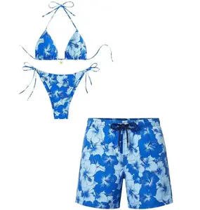 Blue Floral Matching Swimwear Set – Triangle Bikini for Women & Hawaiian Men’s Swim Shorts – Perfect Couple Beach Outfit for Summer Vacation & Holiday Gift Idea