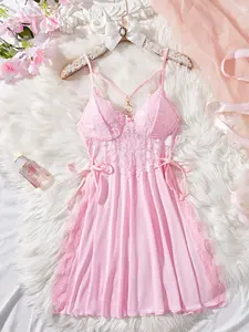 Women's Elegant Sleeveless Fitted Sleepwear Set, Floral Lace Cup & Adjustable Straps, Side Slit Design, Soft High Stretch Fabric