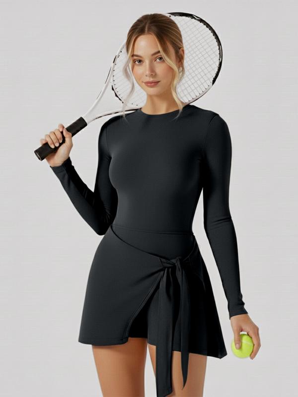 Women's Long Sleeve Solid Color Tennis Dress with Side Slit & Built-in Shorts High Stretch Nylon for Yoga Golf Athletic Activities Crew Neck Spring Summer