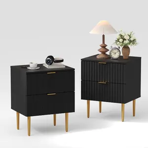 Mid-Century Nightstand Set of 1/2, Bedside Table with 2 Drawers & Metal Legs, Fluted End Table for Bedroom,Black/White