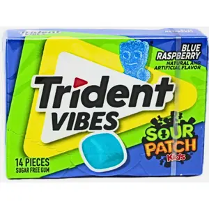 5x Trident Vibes Sour Patch Kids Blue Raspberry Chewing Gum - Sweet Chewy Candy Snack Mints Fresh Breath Treat 14ct