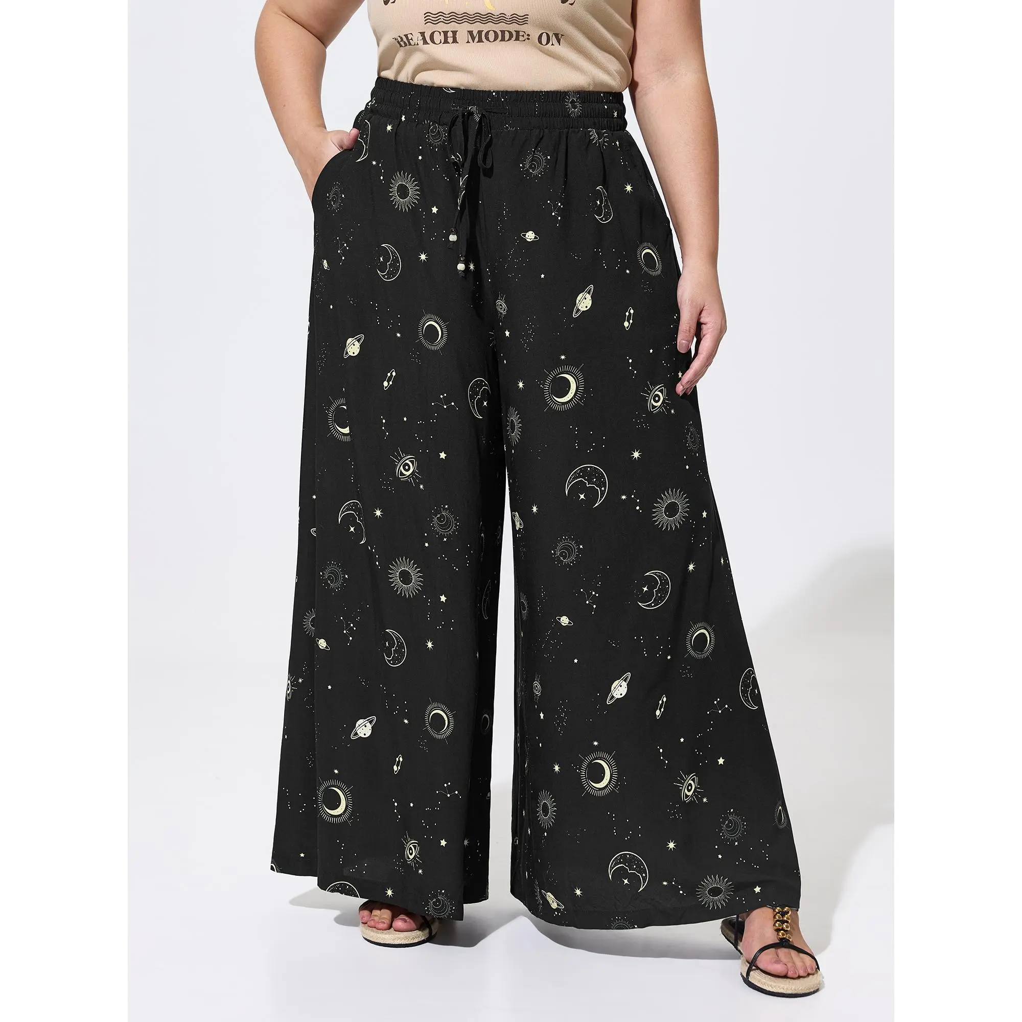 BloomChic Women's Plus Size Lady's Boho Trouser Garment - Star & Moon Print, Mid-Rise Flowy Rayon Pants with Pocket, Floral-Inspired Curve Design, Back-to-School Fashion Bottom Apparel,Summerfinds