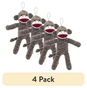 (4 pack) Vibrant Life Cozy Buddy Sock Monkey Dog Toy | Soft Plush Squeaky Toy | Chew Level 1 | Small Dogs & Puppies