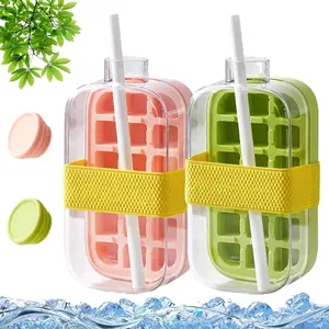 2-Pack IceIce Cube Bottle, With Straw And Elastic Strap, 2 In 1 Touch-Free Ice Cube Tray Water Bottle with Lid and Bin, Push-Type Ice Cube Making Bottle, Easy Release Water Bottle Ice Mold for Coffee Juice Beverage