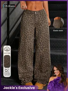 Women's Leopard Print Wide Leg Casual Fashion Pants, Elastic Waist, Button Fly, Loose Fit, All over Print, Long Regular Length, Multiple Colors, Womenswear