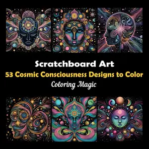Scratchboard Style Art Cosmic Consciousness Designs to Color: An adult coloring book featuring elegant black and white scratch art sketches with black background for stress relief