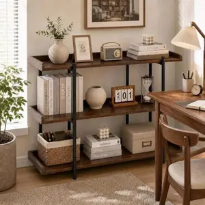 Adjustable 3 Tier Open Bookcase, Rustic Farmhouse Bookshelf with Raised Edge Guard, Industrial Wood and Black Metal Shelving Unit with 6 Legs for Home Office Living Room Bedroom Kitchen