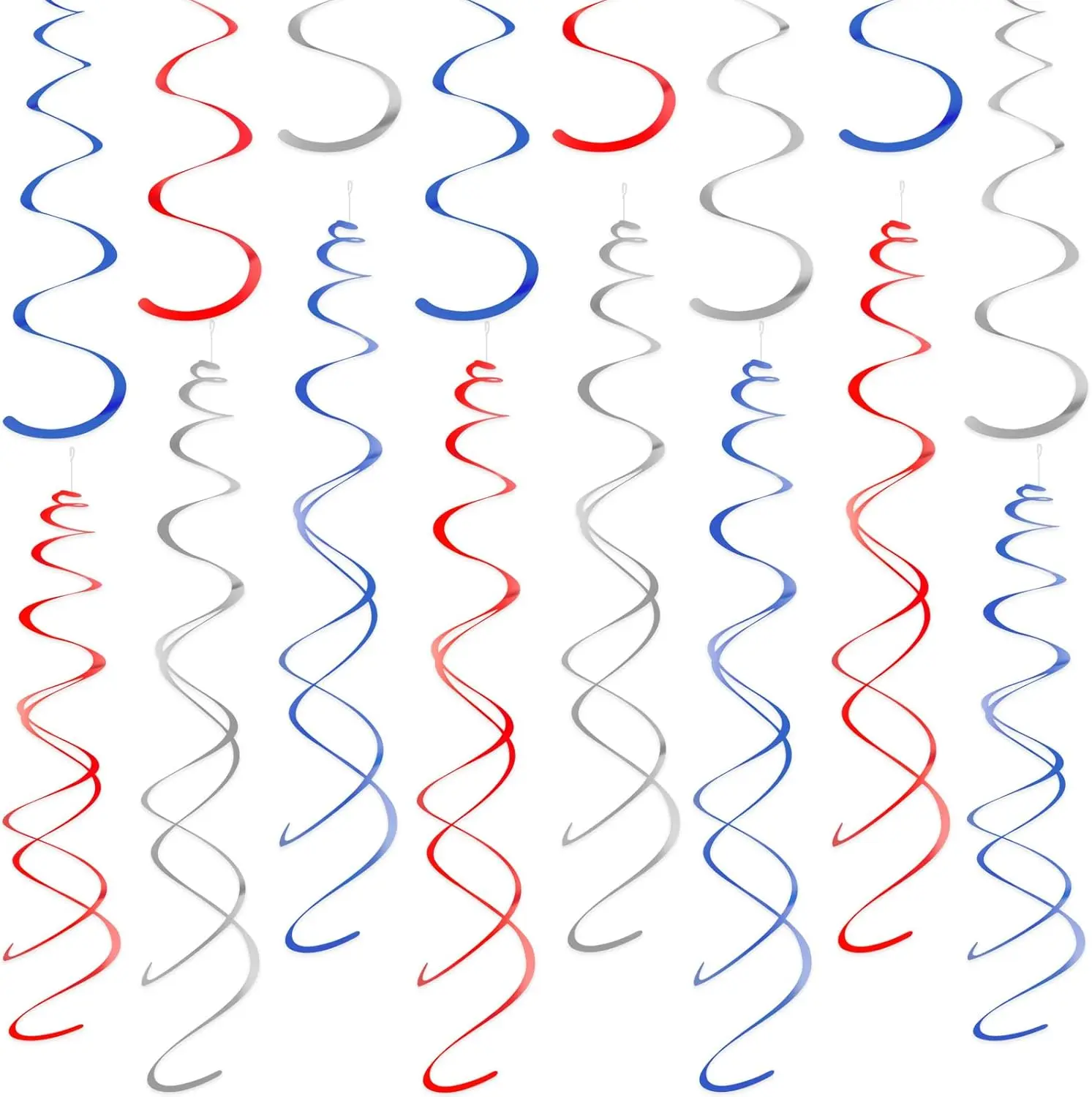 48Pcs Silver Blue and Red Hanging Swirl Decorations, Plastic Red Blue Streamer Swirls Ceiling Spiral Party Decorations for Birthday Wedding Independence Day Graduation Patriotic Party Supplies