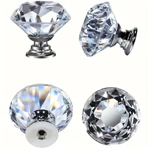 10 Piece 30mm Crystal Transparent Cabinet Knobs, Silver Color Diamond Knobs for Dresser Drawers, Glass Vanity Handles, Clear, Crystal Clarity