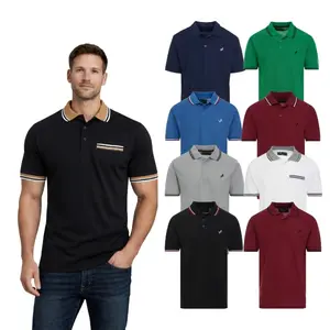 Men's Tiger Wolf Contrast Trim Fashion Short Sleeve Polo Collar Shirt Cotton Pique  - Mock Pocket - Embroidered Logo Sizes S-XL