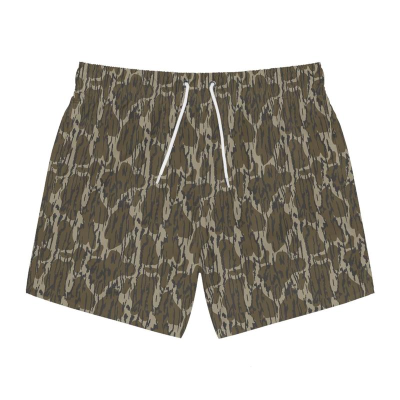 Bottomlands Camo Swim Trunks, Beach Shorts, Summer Swimwear, Vacation Essentials, Trendy Board Shorts