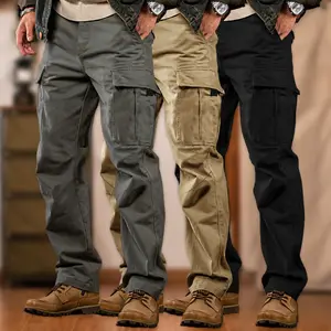 3-pack men’s heavyweight straight-leg cargo pants with multiple pockets—loose, wear-resistant functional workwear pants for outdoor work, street style, and everyday casual wear.