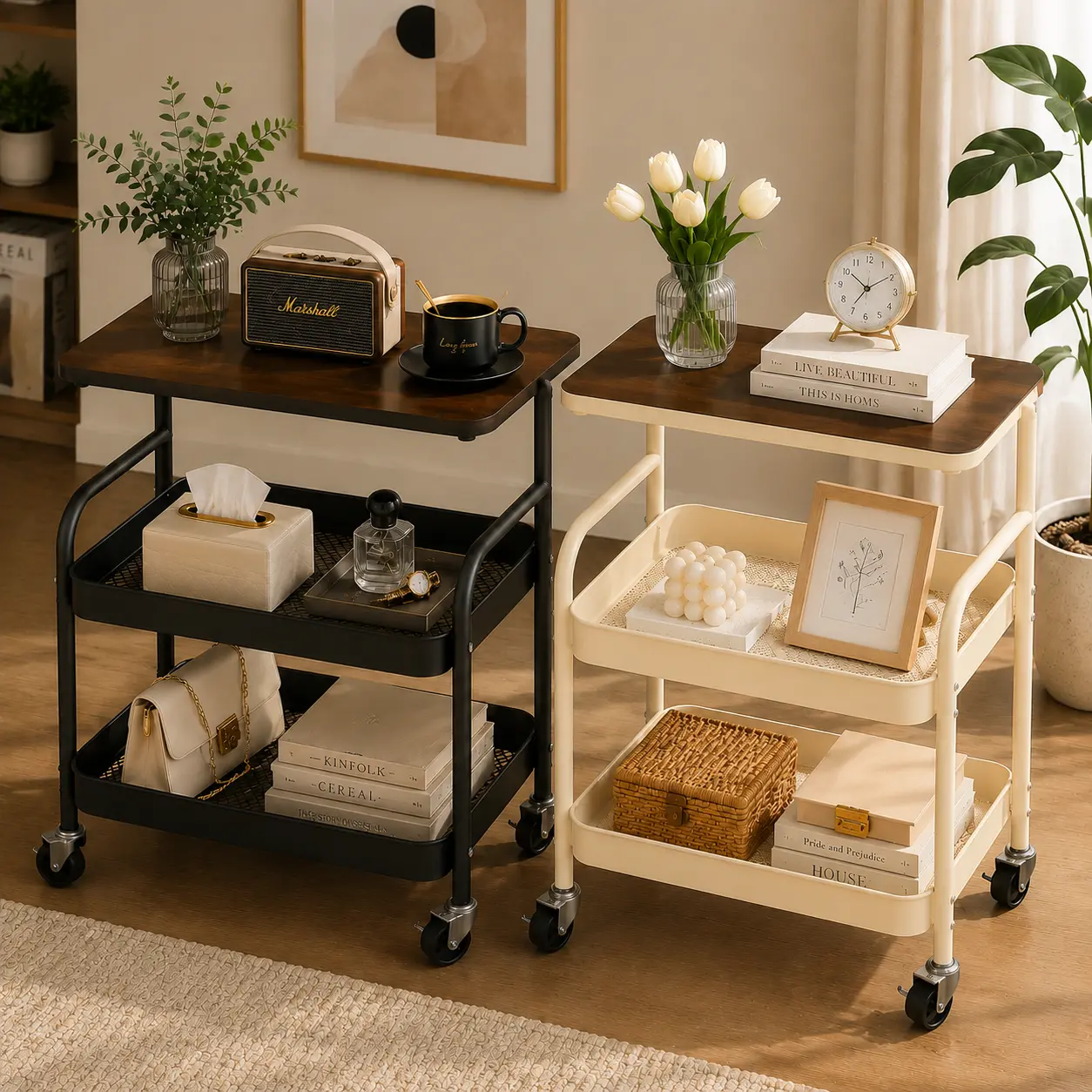 3-Tier Rolling Wooden Top Utility Cart, Mobile Storage Organizer for Kitchen, Bathroom