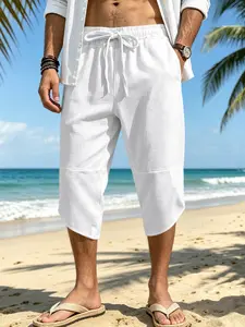 Men's Casual Textured Knit Fashion Shorts, Loose Fit, Elastic Waistband, Summer Tropical Seven-Eighths Scissor Pants, Comfortable and Stylish