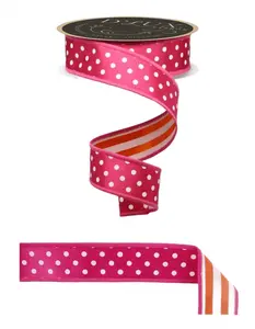1.5" x 10yd D'Lux Polka Dot Ribbon in Hot Pink & White w/ Orange Stripe Fused Backing