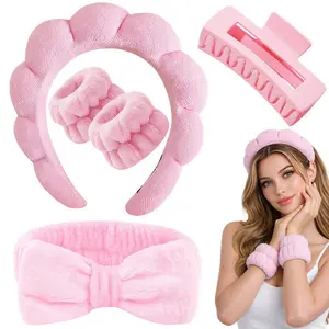 LMMAKE Female 5pcs Terry Cloth Spa Headband & Face Washing Wristbands Set - Anti-Fall, No-Slip Cloud Fabric, Functional, Convenient Hair Accessories for Daily Face Wash, Makeup, Party