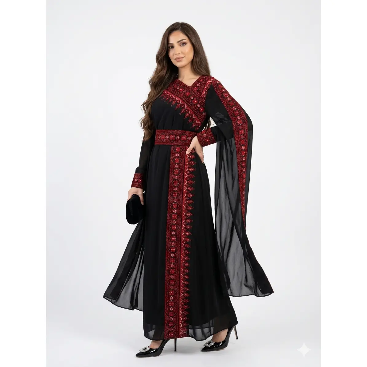 Black Embroidered Thobe Dress – Asymmetric Neck with Batwing Sleeves & Belt