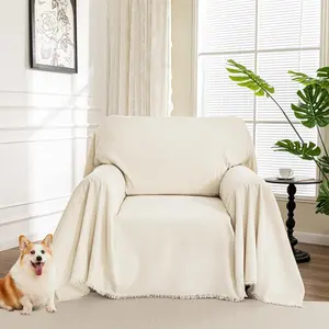 Oversized Chair Cover, Armchair Couch Cover For 1 Cushion Couch, Washable Sofa Protector With Tassel, Sofa Covers, Sofa Throws, Sofa Slipcovers, Futon Cover For Pet,Kid, 71"X91", Beige