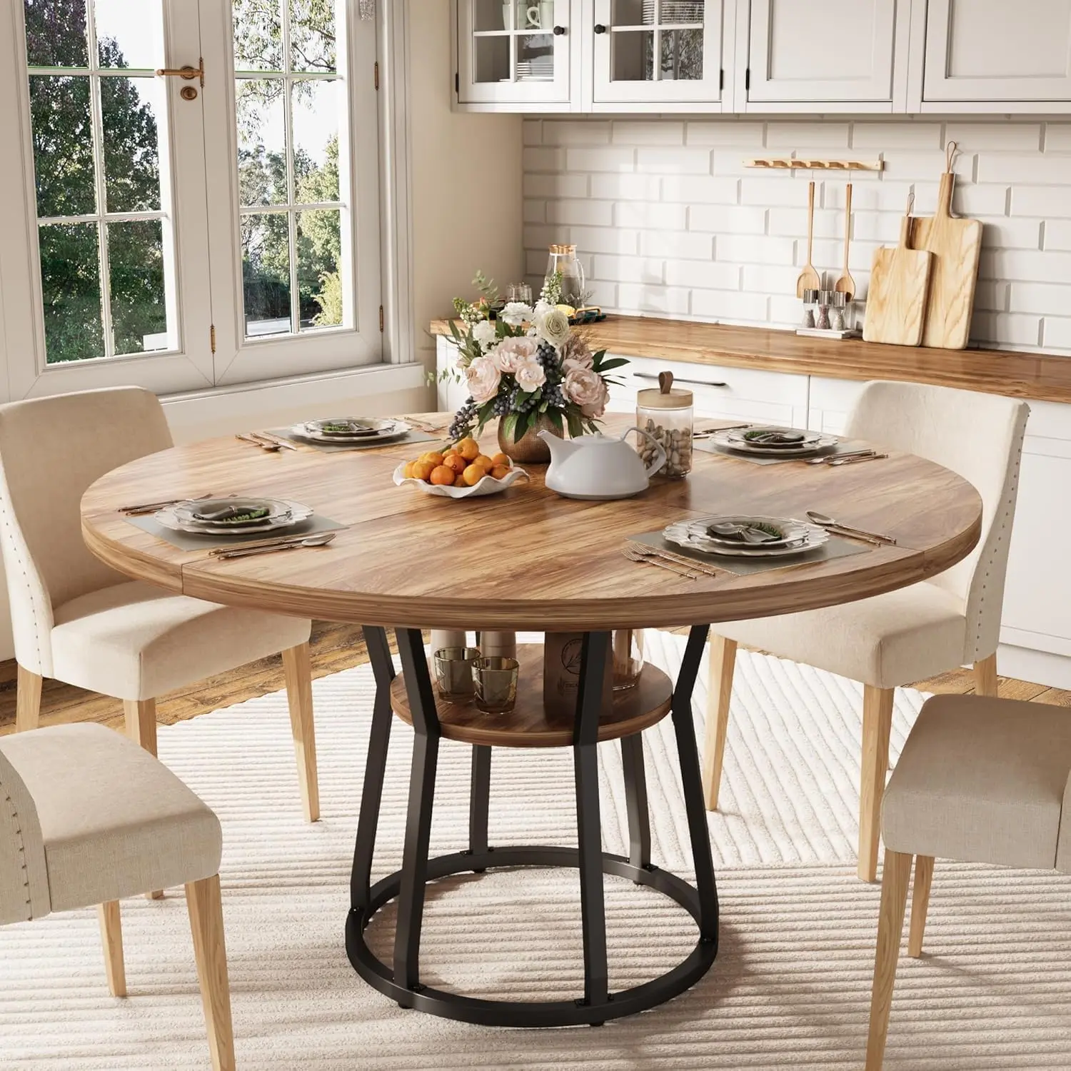 Gaomon Brown Round Wood Grain Industrial Heavy-Duty 4-Seater Dining Table - Metal Base, Storage Shelf, Space-Saving Casual Family-Friendly Curvilinear Dark Indoor Furniture for Apartment & Studio, Family-Friendly Dining Tables, 4-Seater Dining Tables