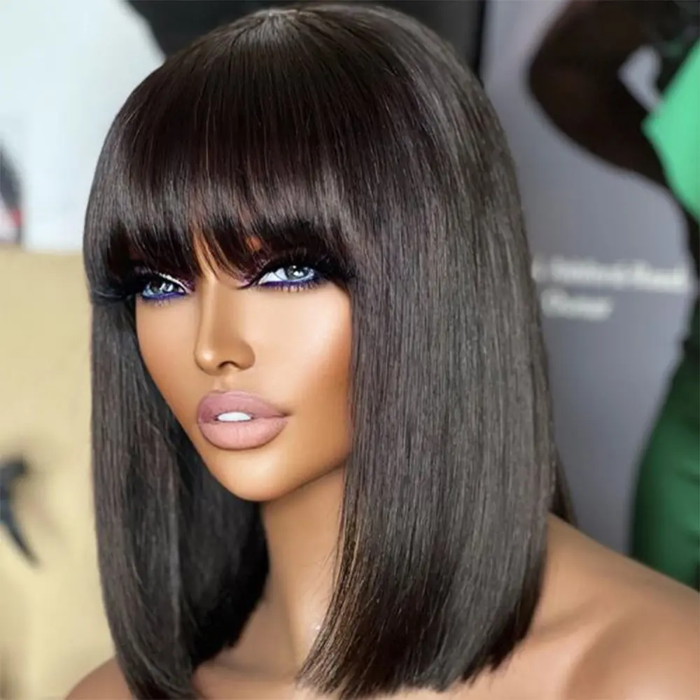 Straight Bob Wig with Bangs Human Hair Realistic 4X1 Middle Part HD Lace Short Black Bob Wigs, Ready to Go Blunt Cut Bob Wig Glueless 180 Density