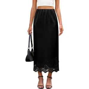 Satin Maxi Skirts for Women Casual Elegant 2026 Fall A Line High Waist Elastic Silk Midi Skirt with Lace