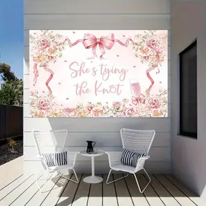 1PC Blush Pink 2D Flat Floral Print Polyester Reusable Wedding Backdrop - Hanging Cloth, "She's Tying The Knot" Photo Booth Prop, Party Decoration Supplies for Wedding, Birthday, Indoor & Outdoor Use