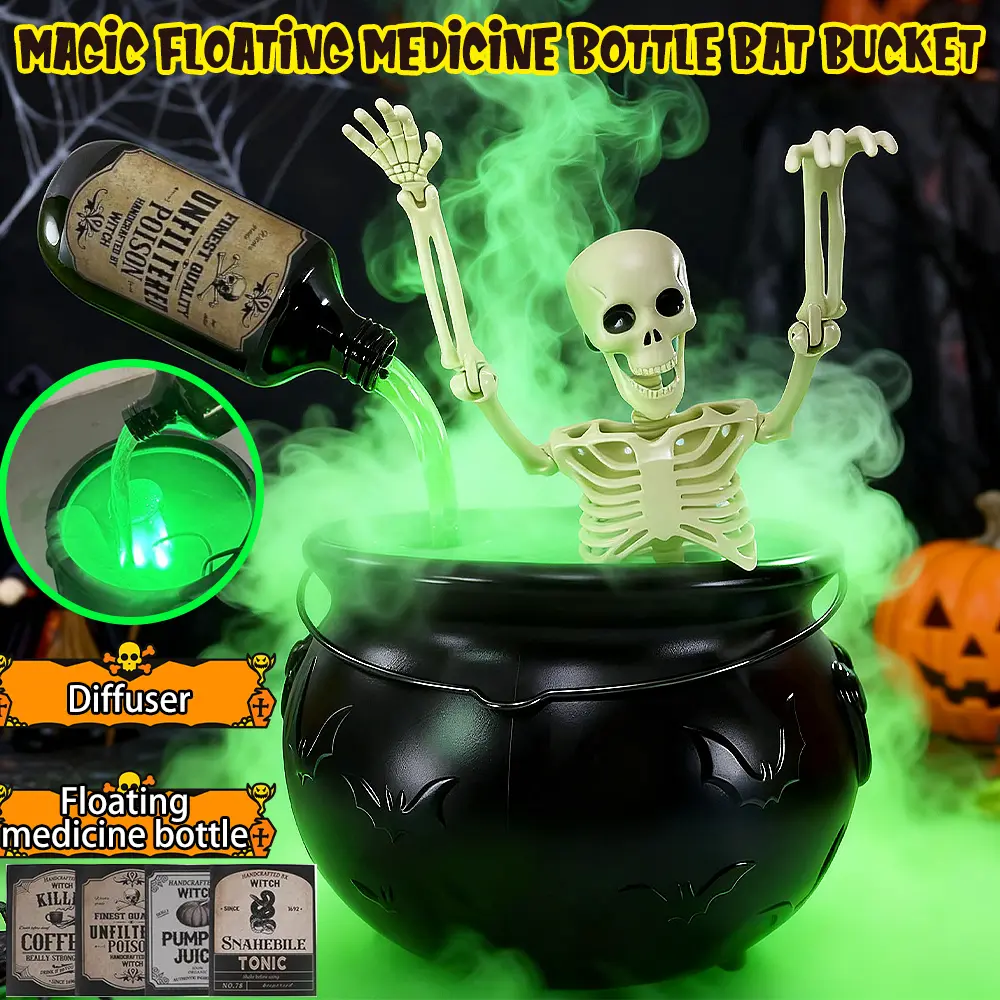 Halloween Decorations Indoor - DIY Floating Potion Set with Witches Cauldron and Mist Maker - Spooky Vintage Black Plastic Bowl Hocus Pocus Party Decor for Home Table Mantel Kitchen Room