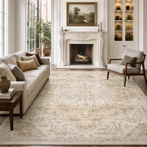 [Deals For You Days] Amoami Vintage Area Rug, Machine-Washable Carpet with Non-Slip TPR Backing, Soft Lightweight Indoor Rug for Living Room, Bedroom, Easy To Maintain Foldable