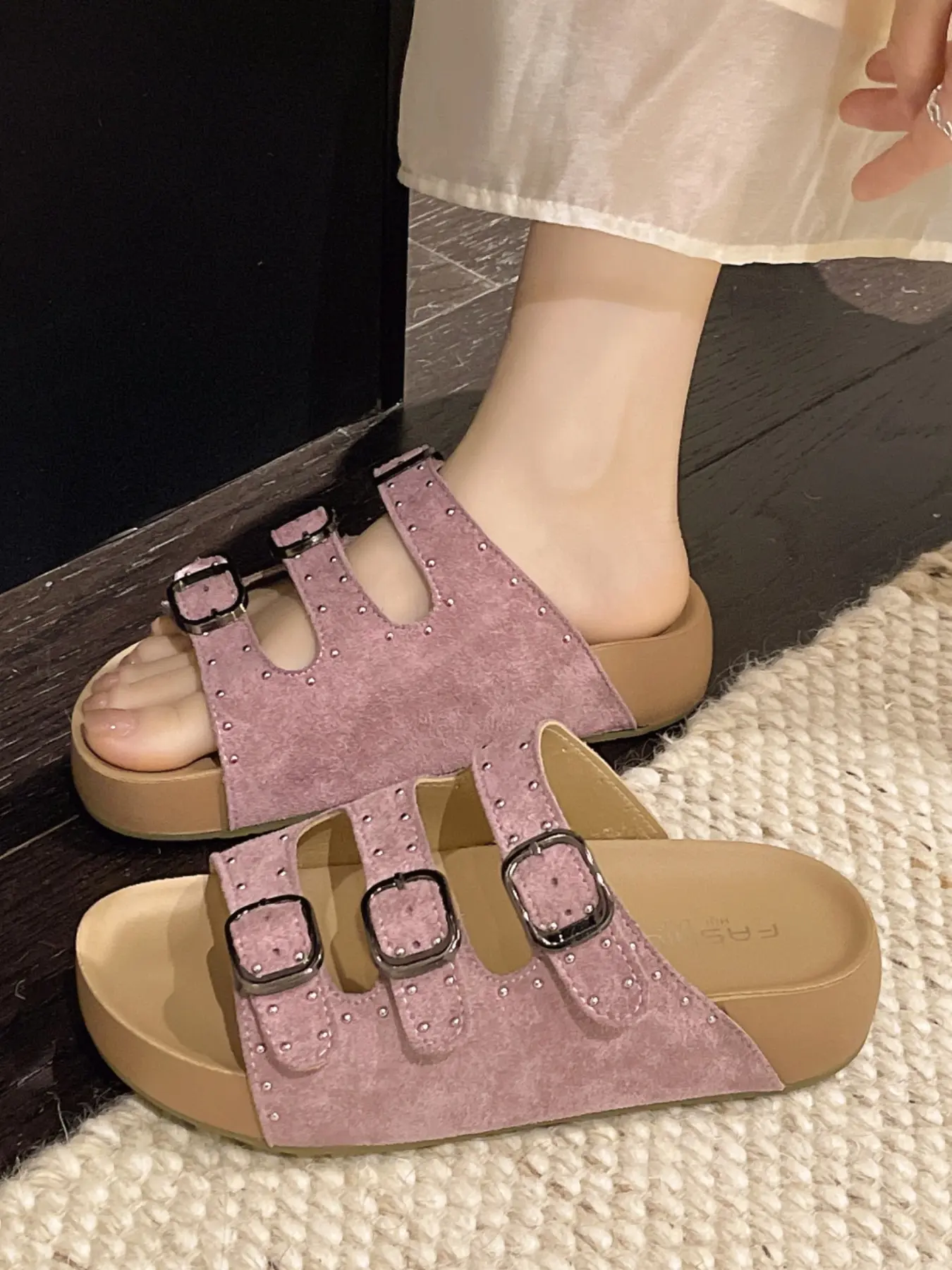 Women's Matte Faux Suede Three Buckle Rivet Trim Cork Platform Slide Sandals Open Toe Slip On Backless Non Slip Boho Cottagecore Summer Beach Daily Footwear Lavender Brown Sage Cream Four Neutral Tones